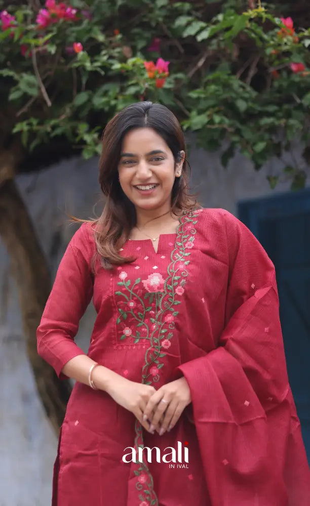 Red Embroidered Kota Salwar Set - salwar