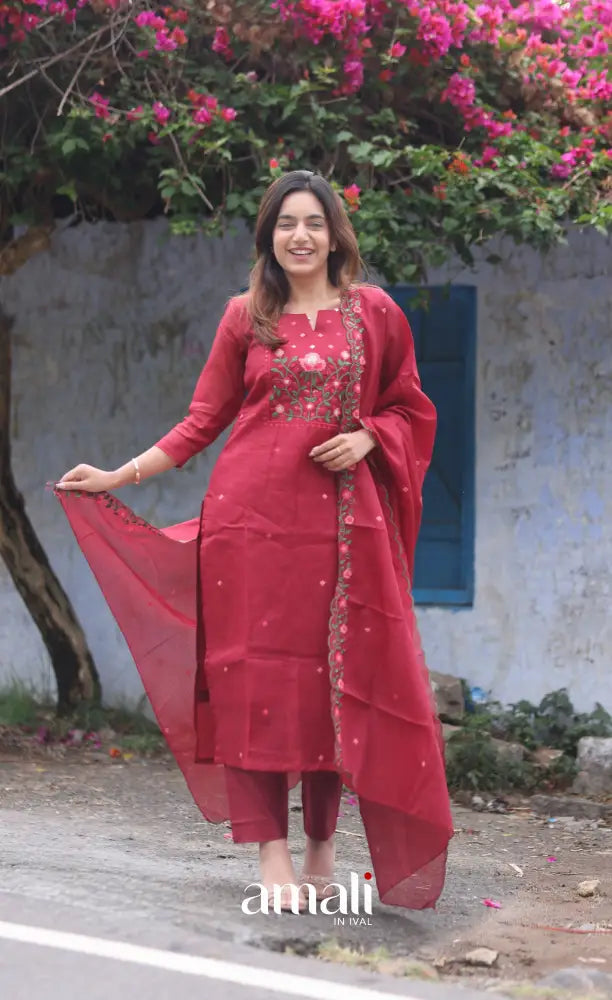 Red Embroidered Kota Salwar Set - salwar
