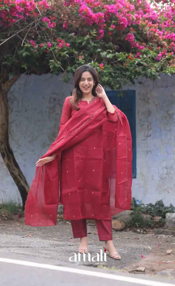 Red Embroidered Kota Salwar Set - salwar