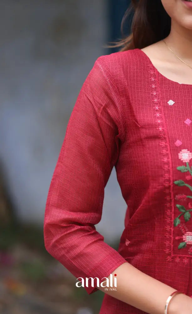 Red Embroidered Kota Salwar Set - salwar