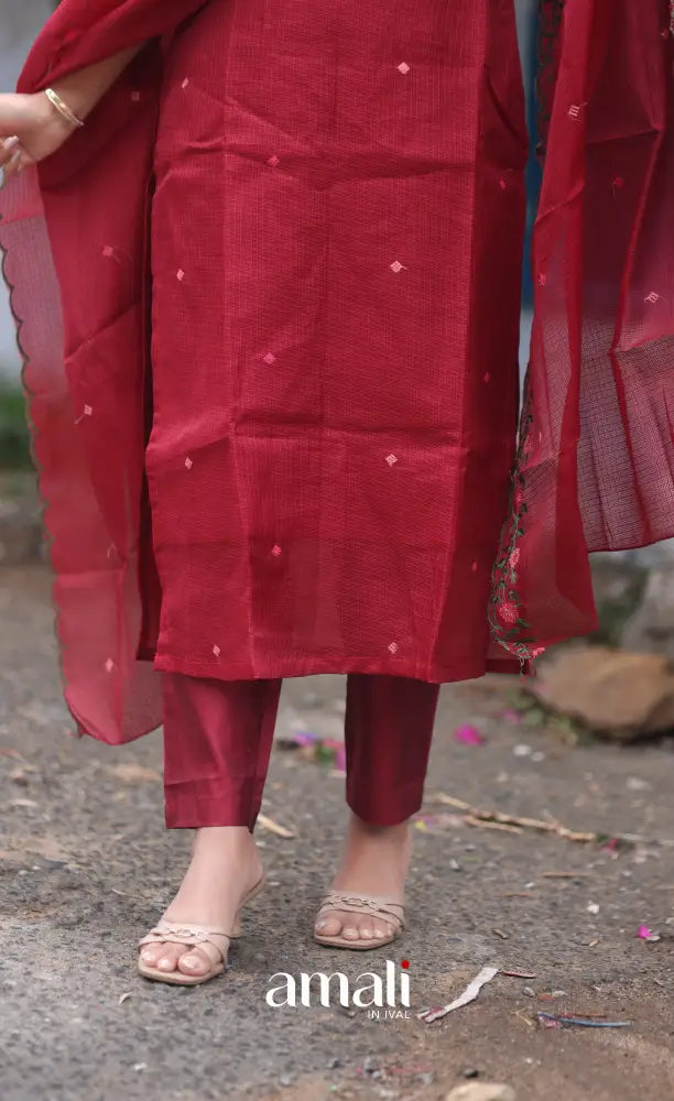 Red Embroidered Kota Salwar Set - salwar
