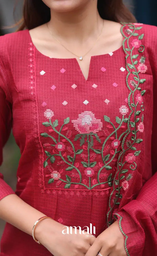 Red Embroidered Kota Salwar Set - salwar