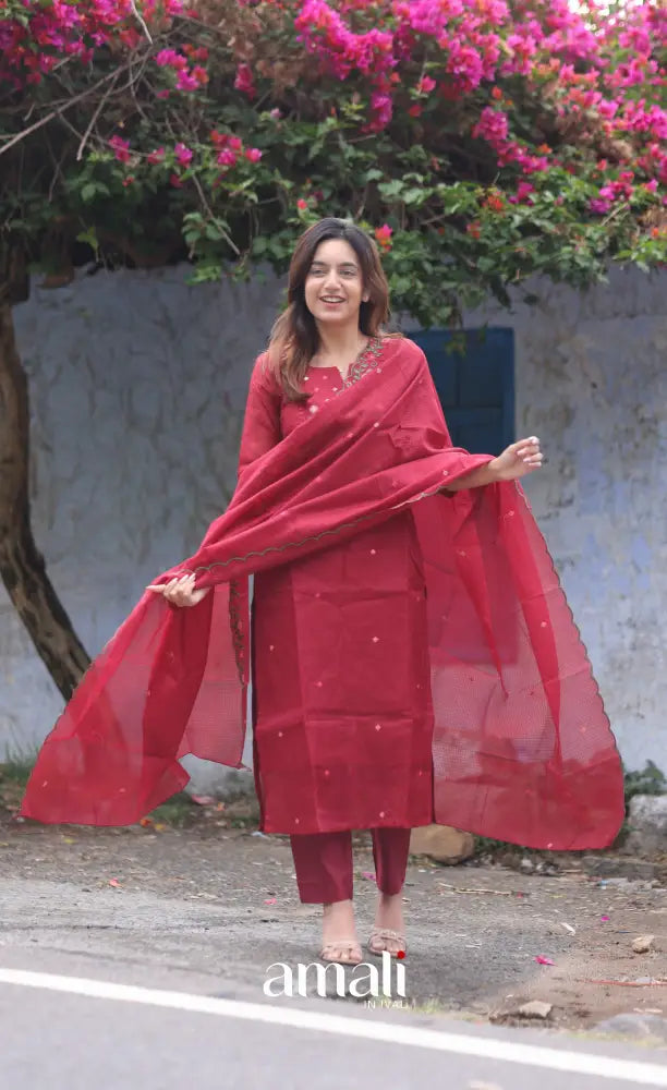 Red Embroidered Kota Salwar Set - salwar
