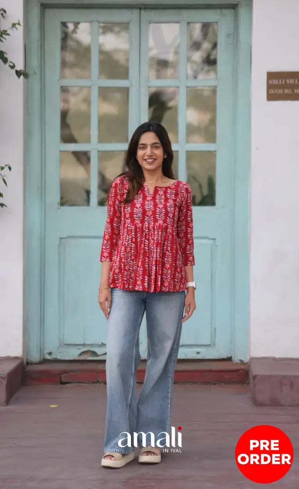 Red Jaipur Hand Block-Printed Short Top - salwar