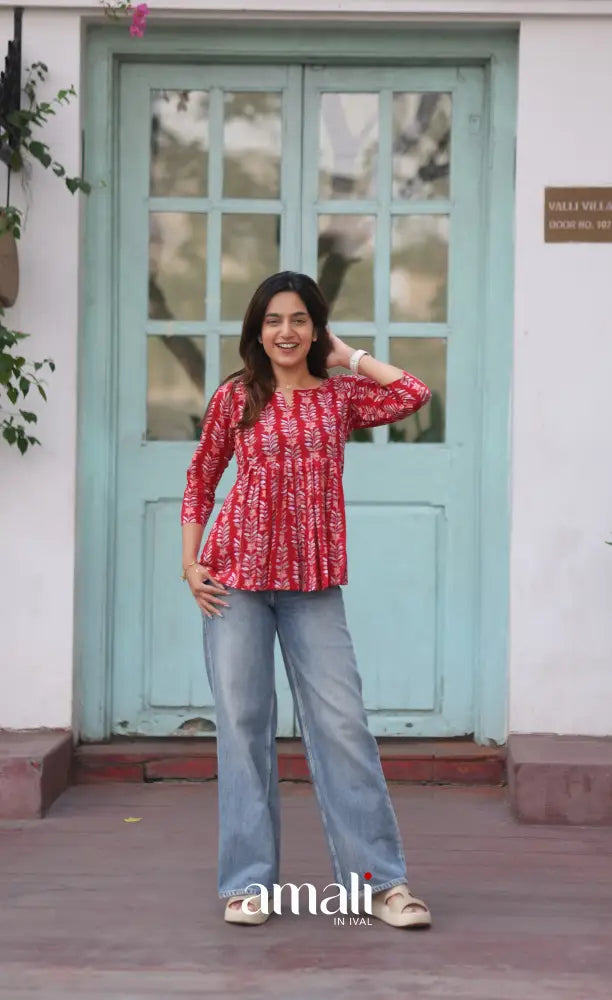 Red Jaipur Hand Block-Printed Short Top - salwar