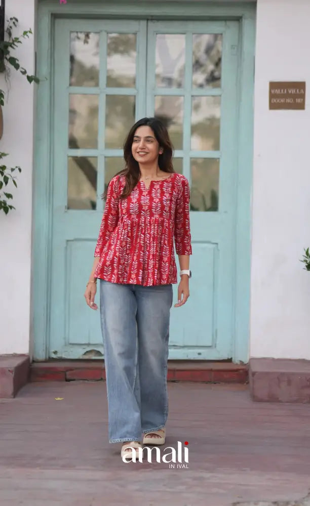 Red Jaipur Hand Block-Printed Short Top - salwar