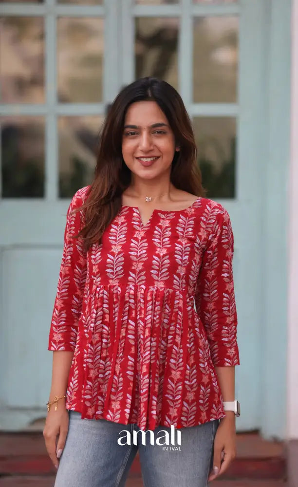 Red Jaipur Hand Block-Printed Short Top - salwar