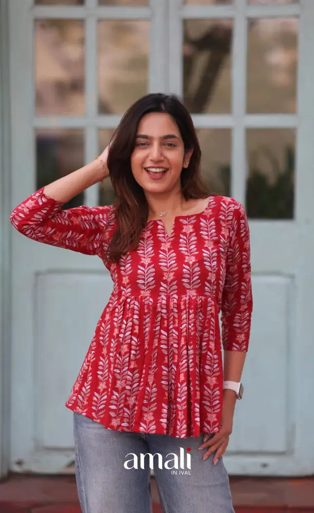 Red Jaipur Hand Block-Printed Short Top - salwar