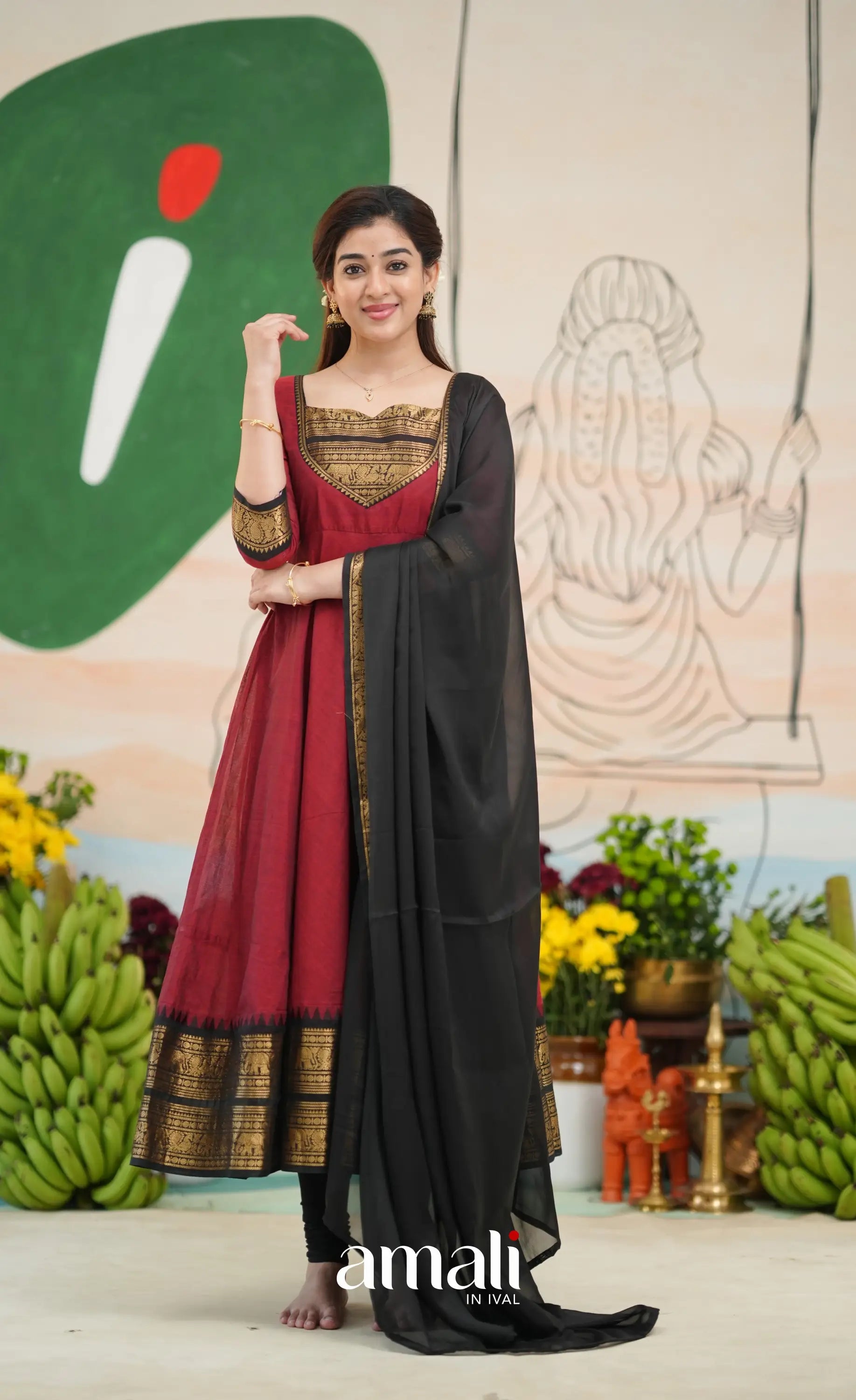Reddish maroon and Black Chettinad Cotton Anarkali - Anarkalis