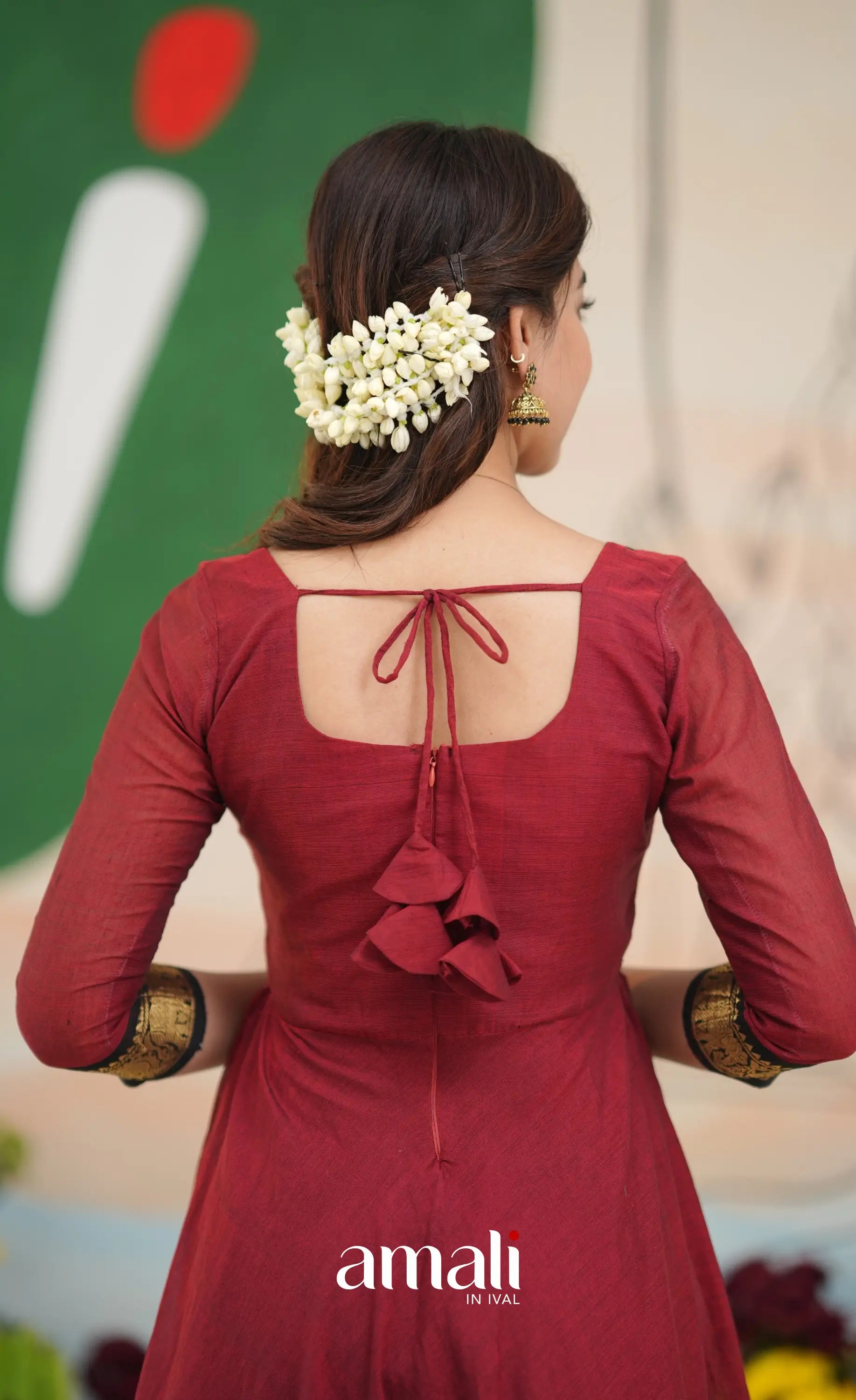 Reddish maroon and Black Chettinad Cotton Anarkali - Anarkalis