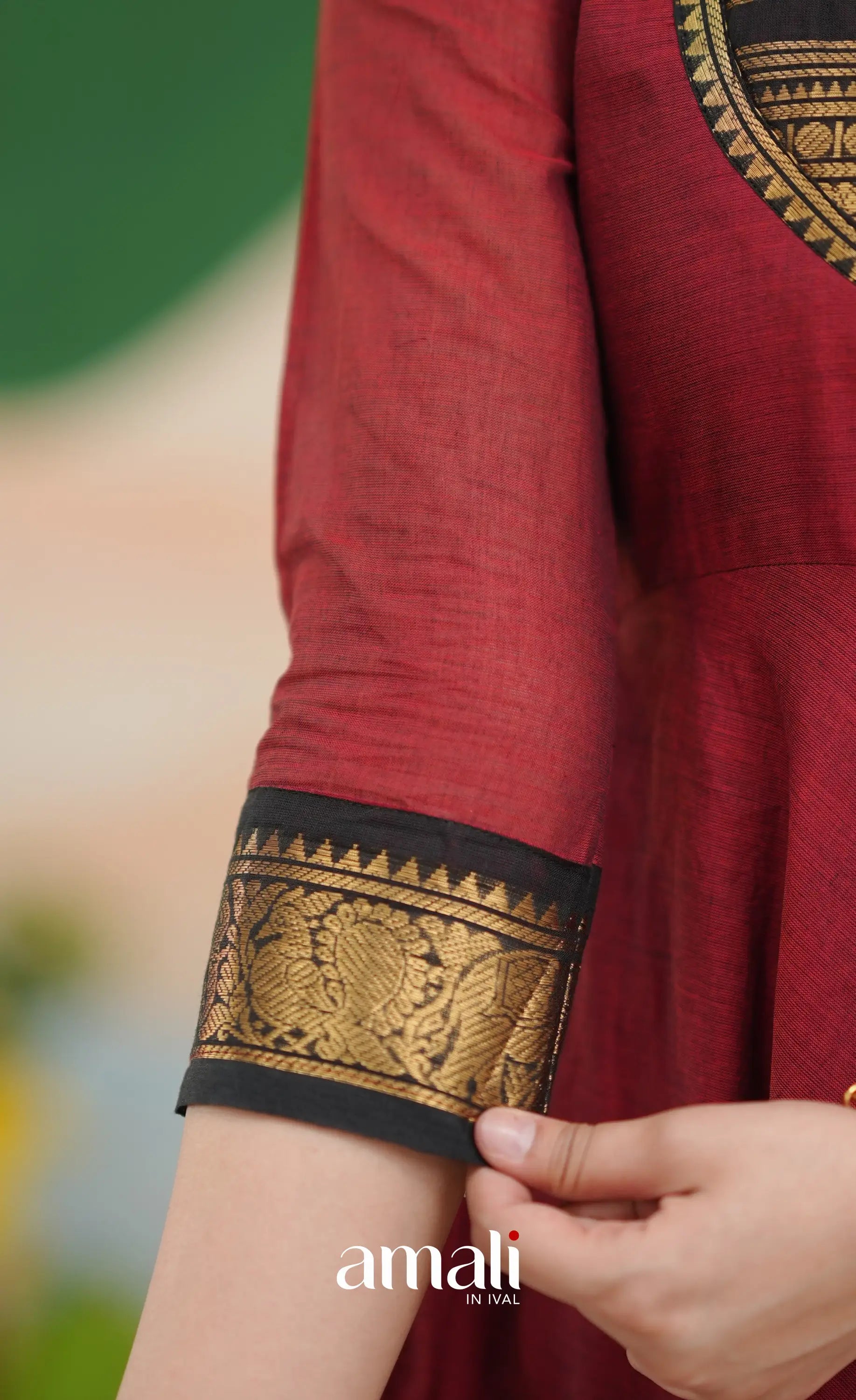 Reddish maroon and Black Chettinad Cotton Anarkali - Anarkalis