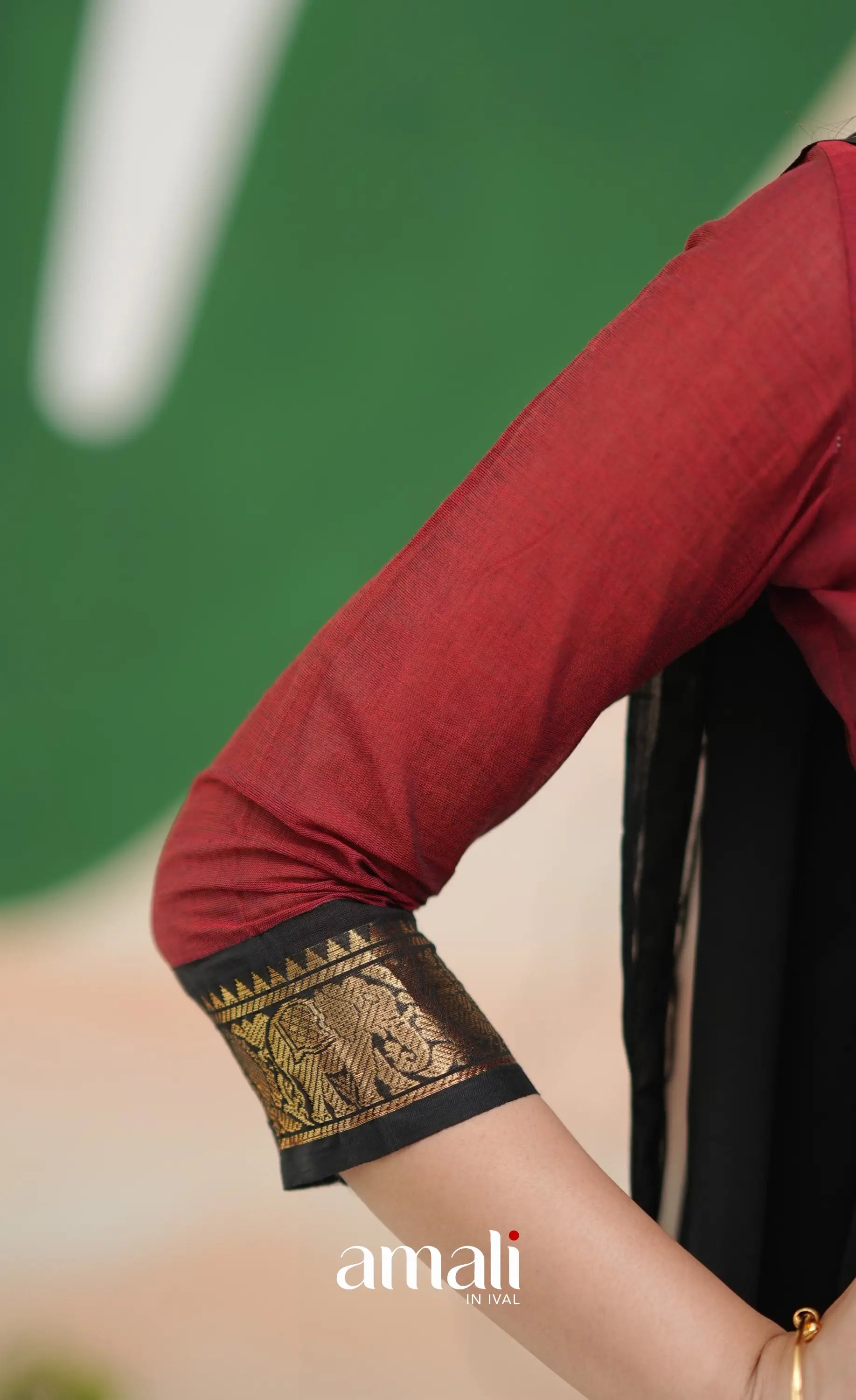 Reddish maroon and Black Chettinad Cotton Anarkali - Anarkalis