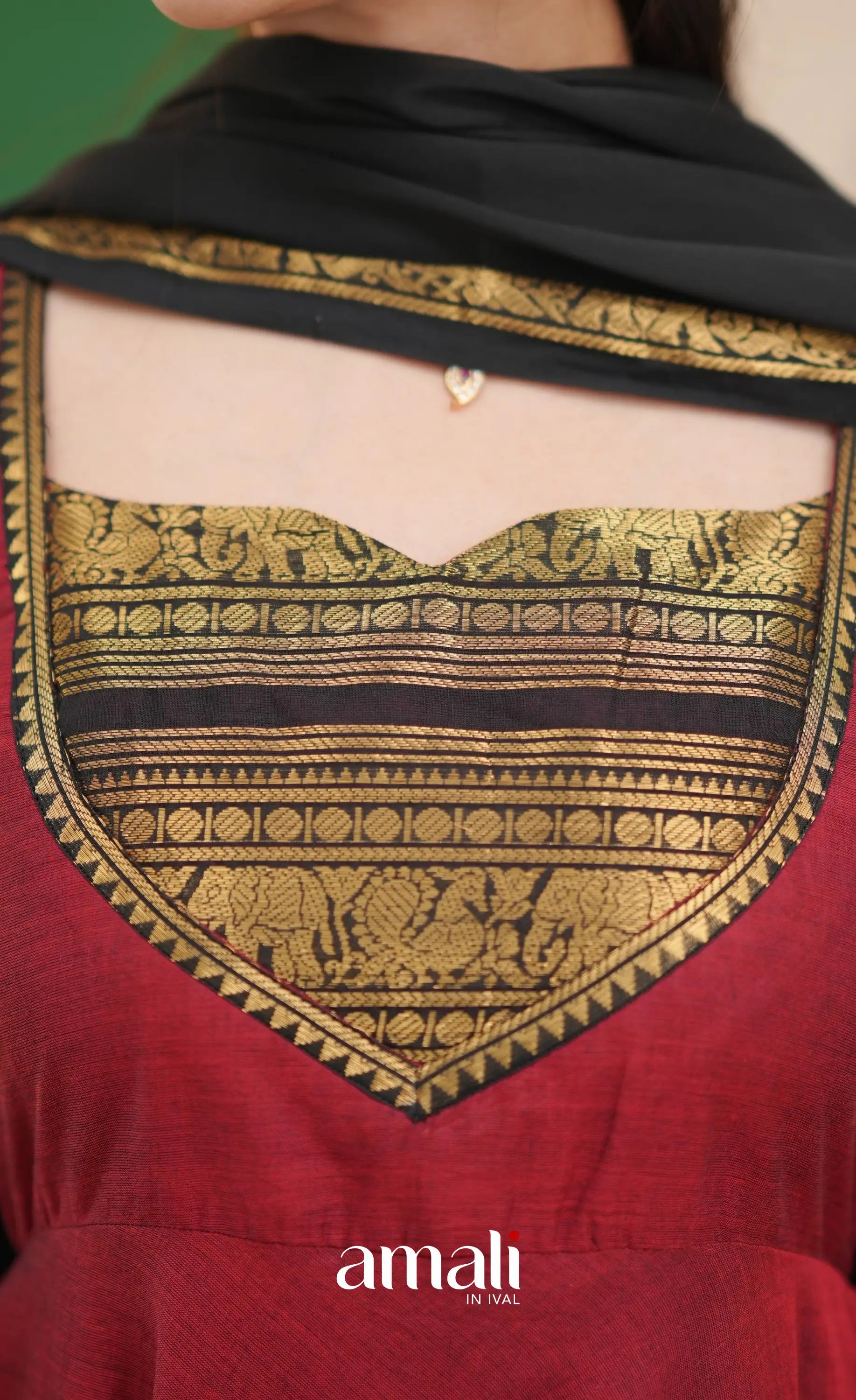 Reddish maroon and Black Chettinad Cotton Anarkali - Anarkalis