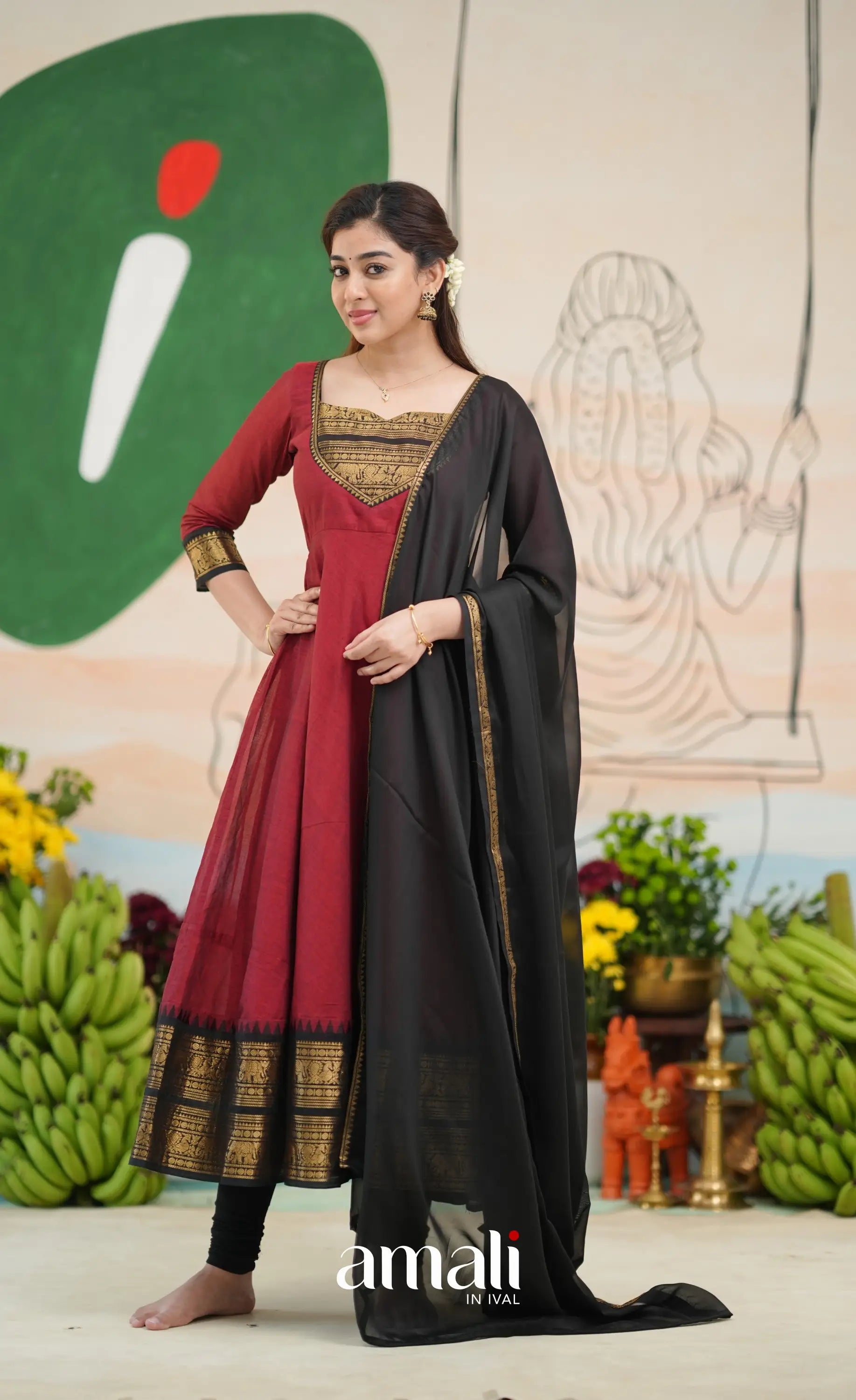 Reddish maroon and Black Chettinad Cotton Anarkali - Anarkalis