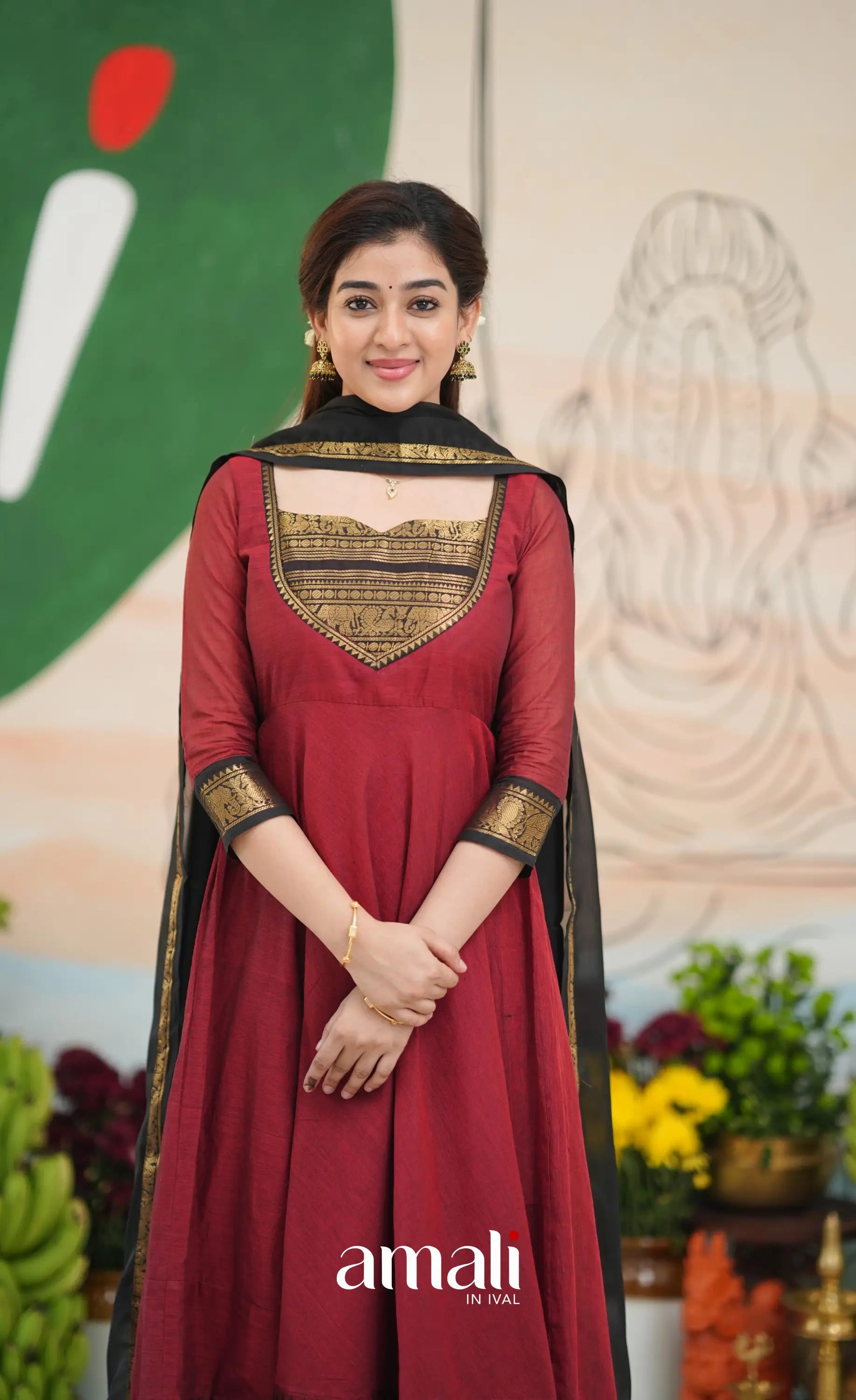 Reddish maroon and Black Chettinad Cotton Anarkali - Anarkalis