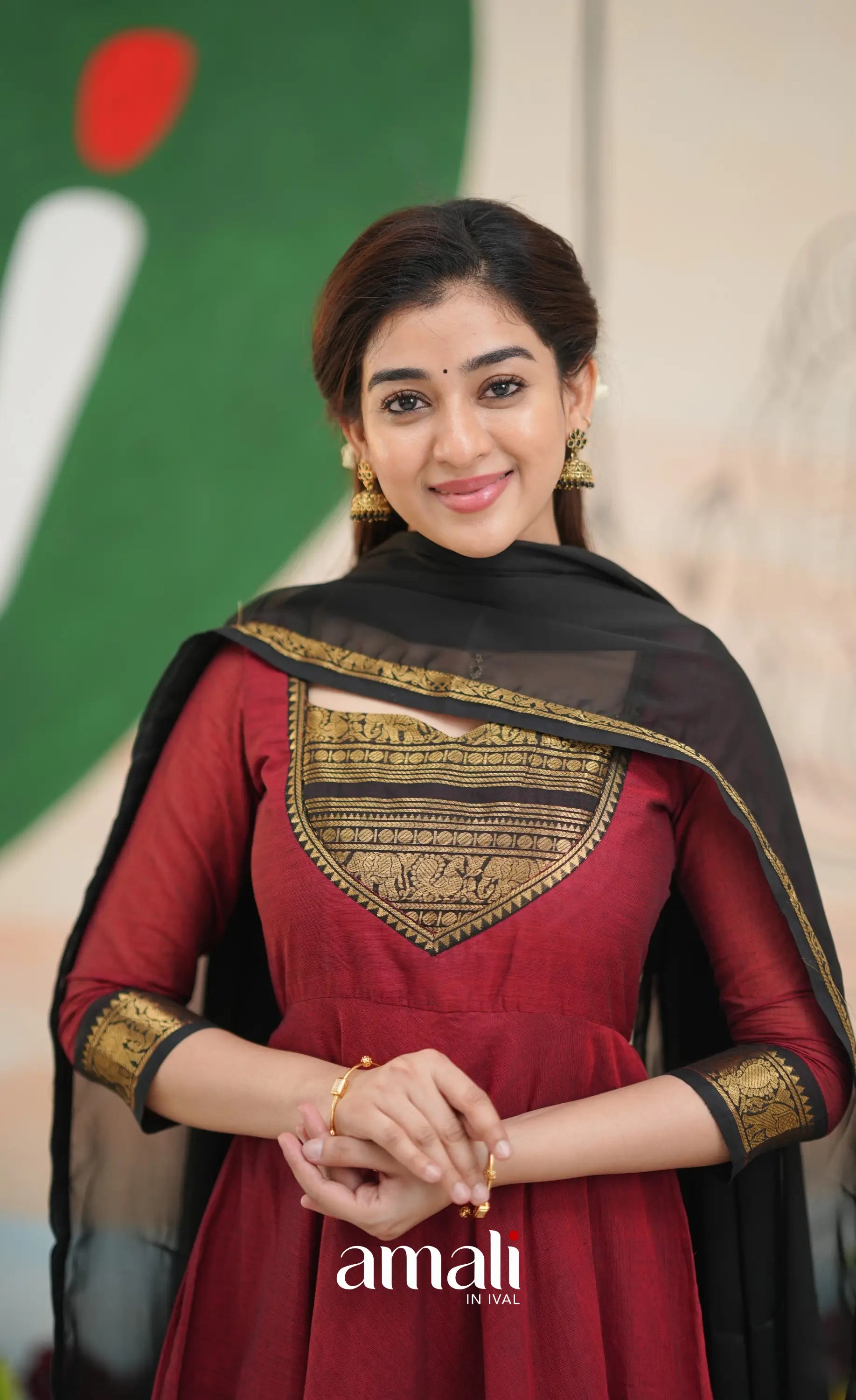 Reddish maroon and Black Chettinad Cotton Anarkali - Anarkalis