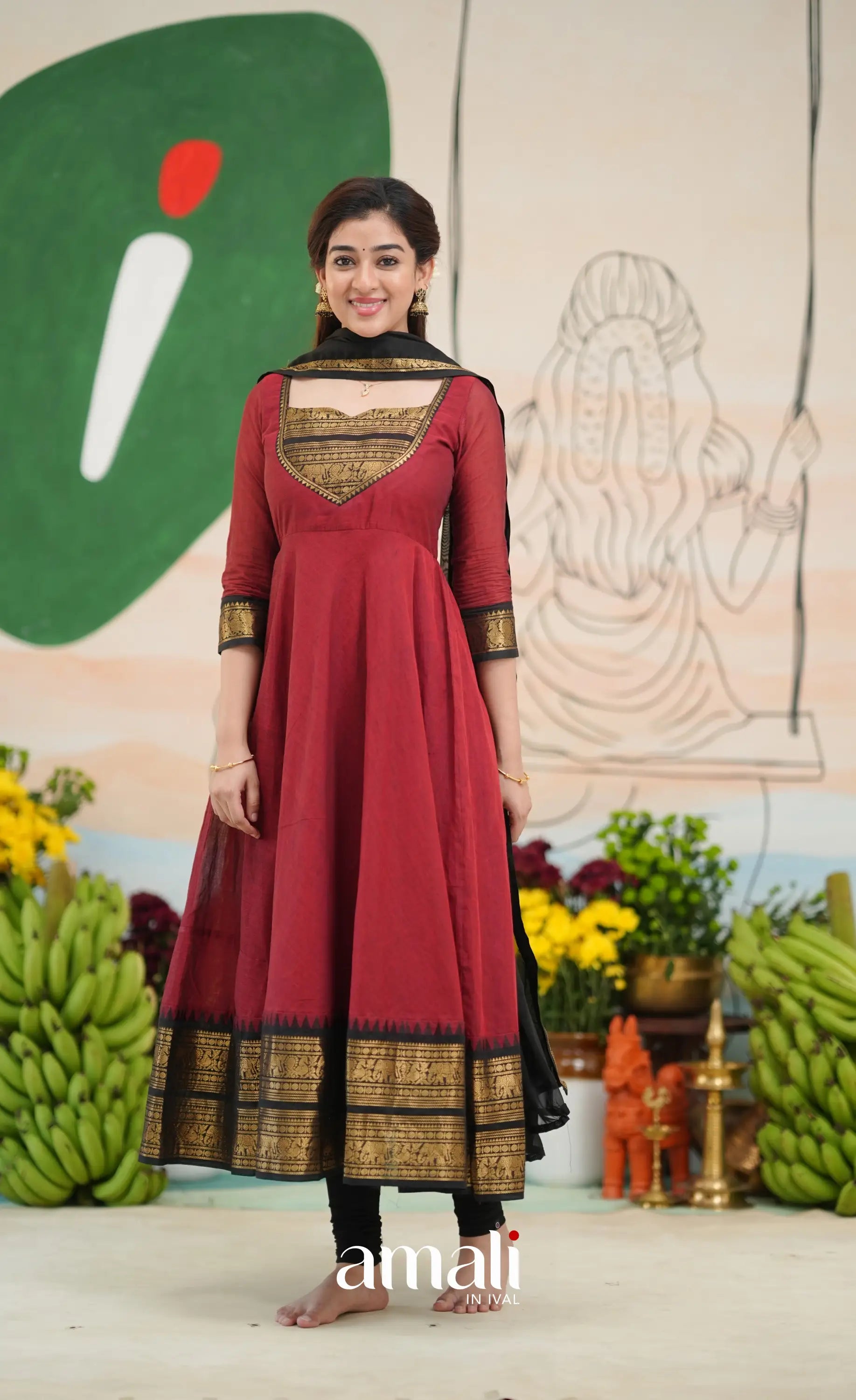 Reddish maroon and Black Chettinad Cotton Anarkali - Anarkalis