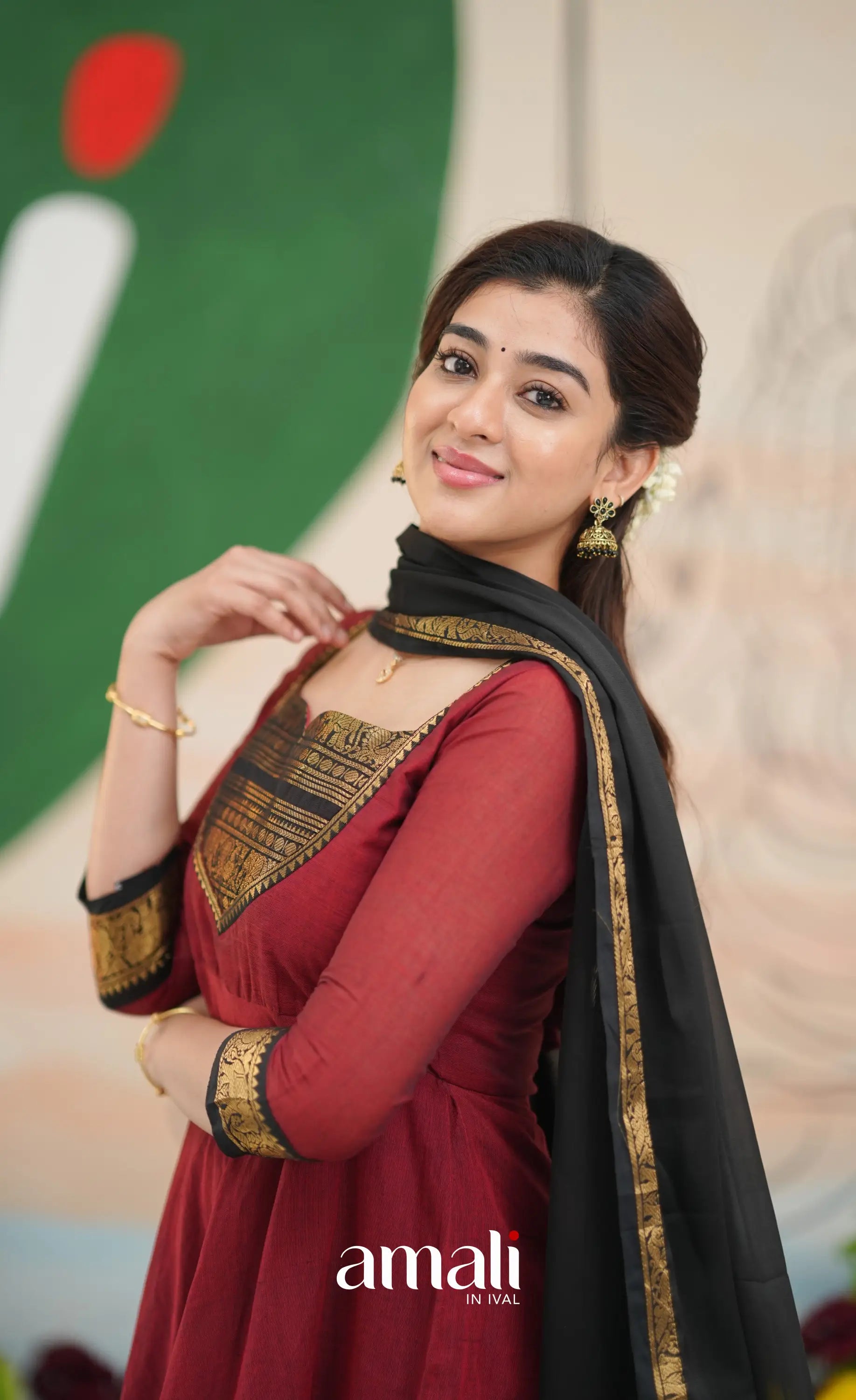 Reddish maroon and Black Chettinad Cotton Anarkali - Anarkalis