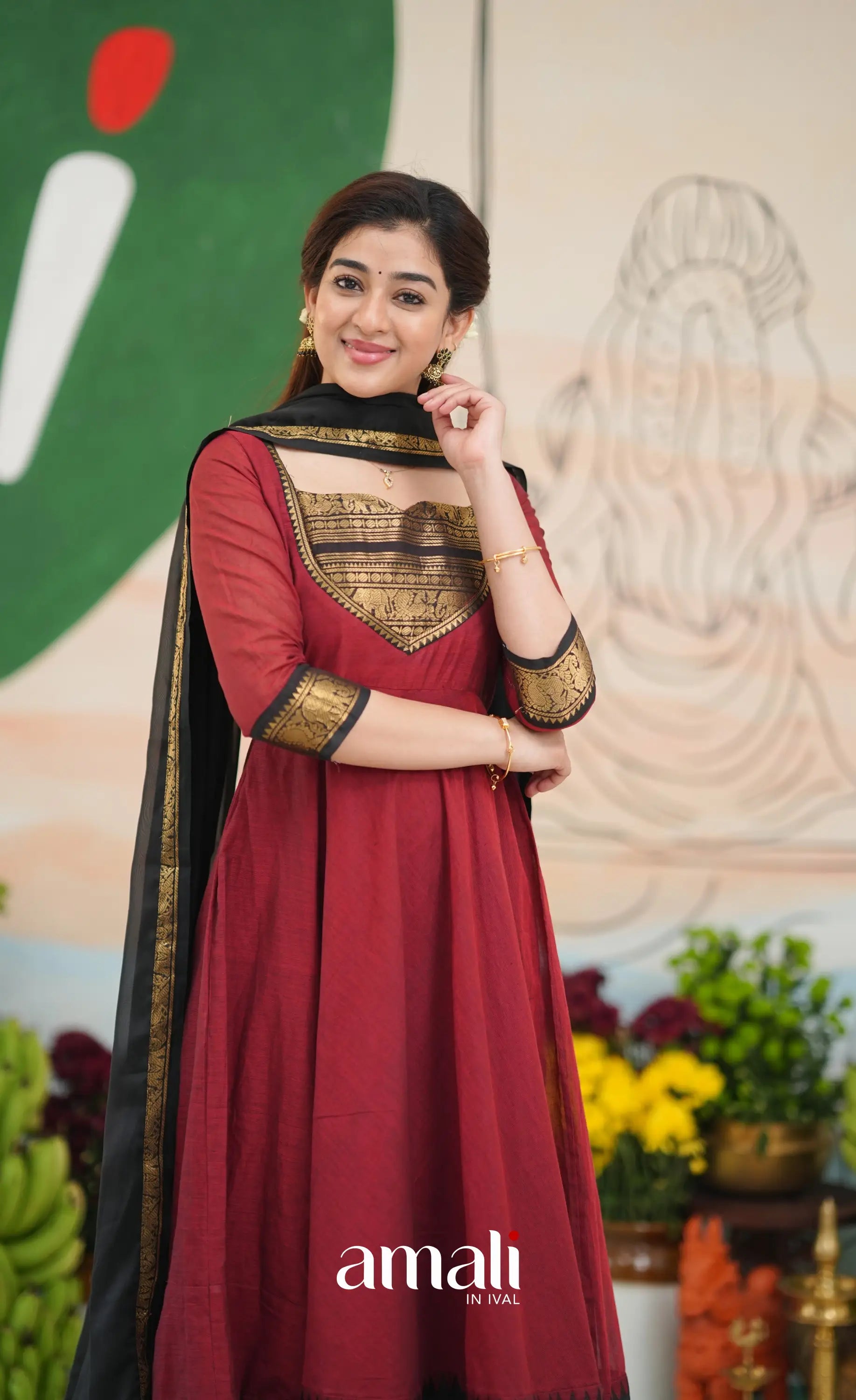 Reddish maroon and Black Chettinad Cotton Anarkali - Anarkalis