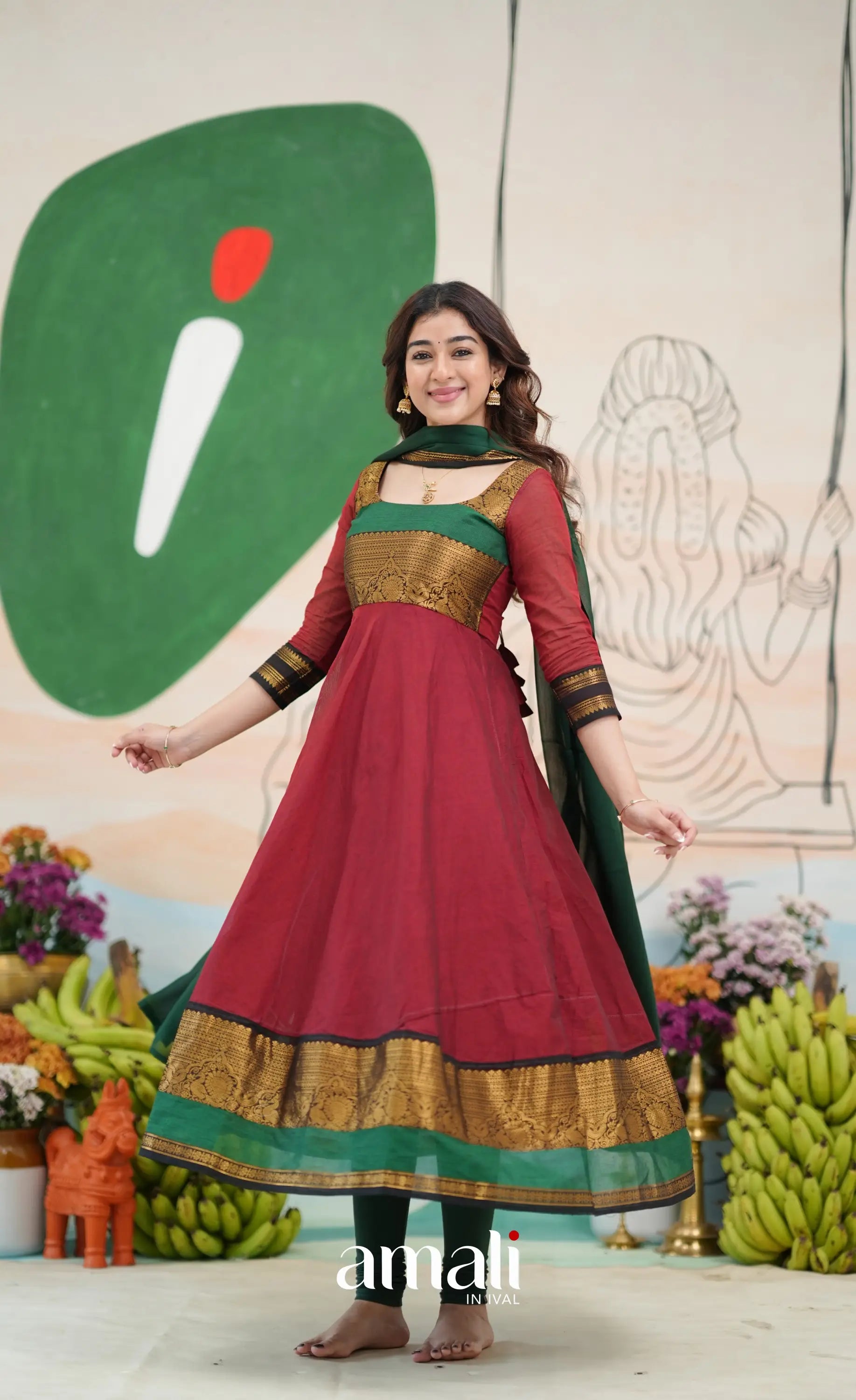 Reddish maroon and Bottle green Chettinad Cotton Anarkali - Anarkalis