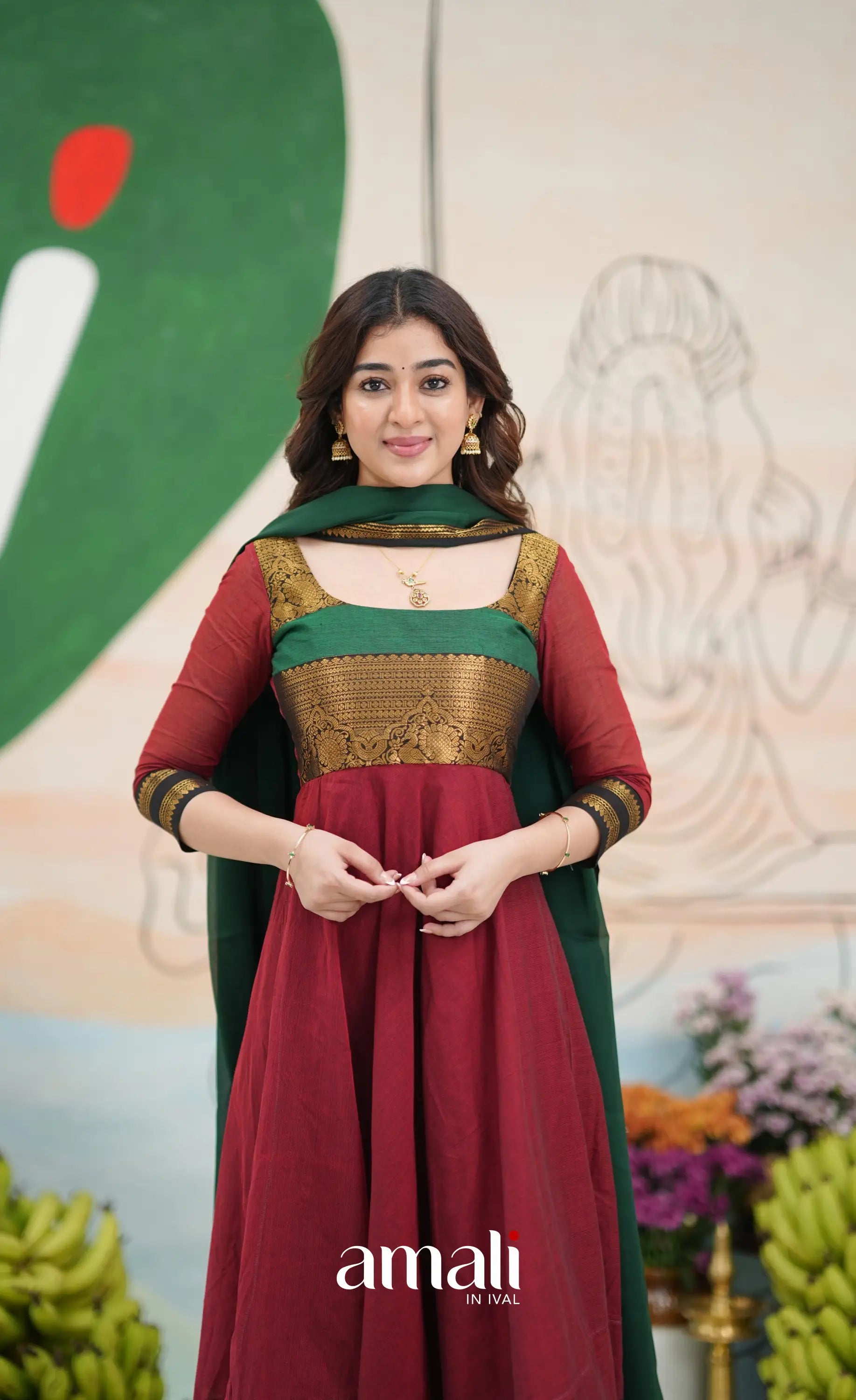 Reddish maroon and Bottle green Chettinad Cotton Anarkali - Anarkalis