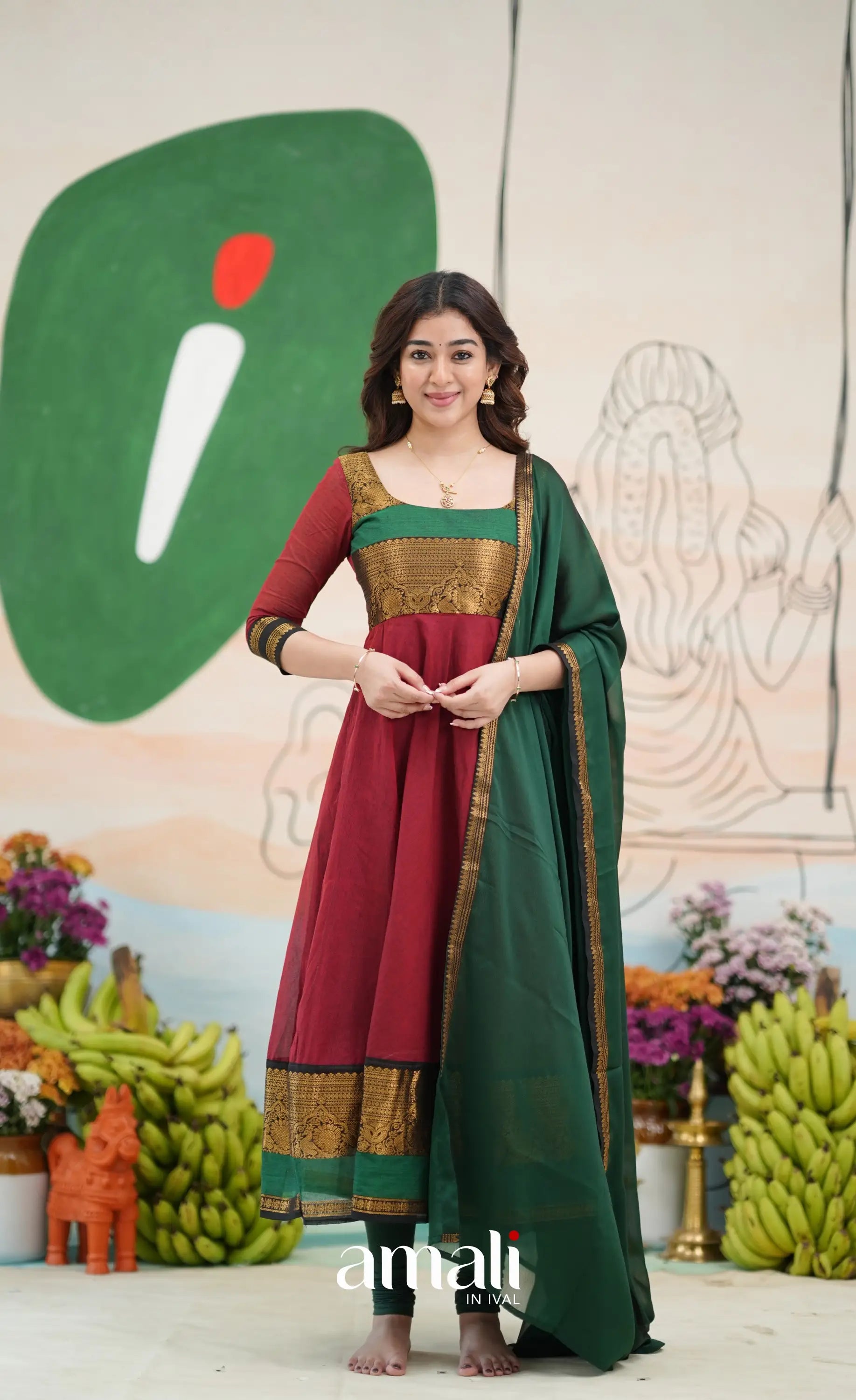 Reddish maroon and Bottle green Chettinad Cotton Anarkali - Anarkalis