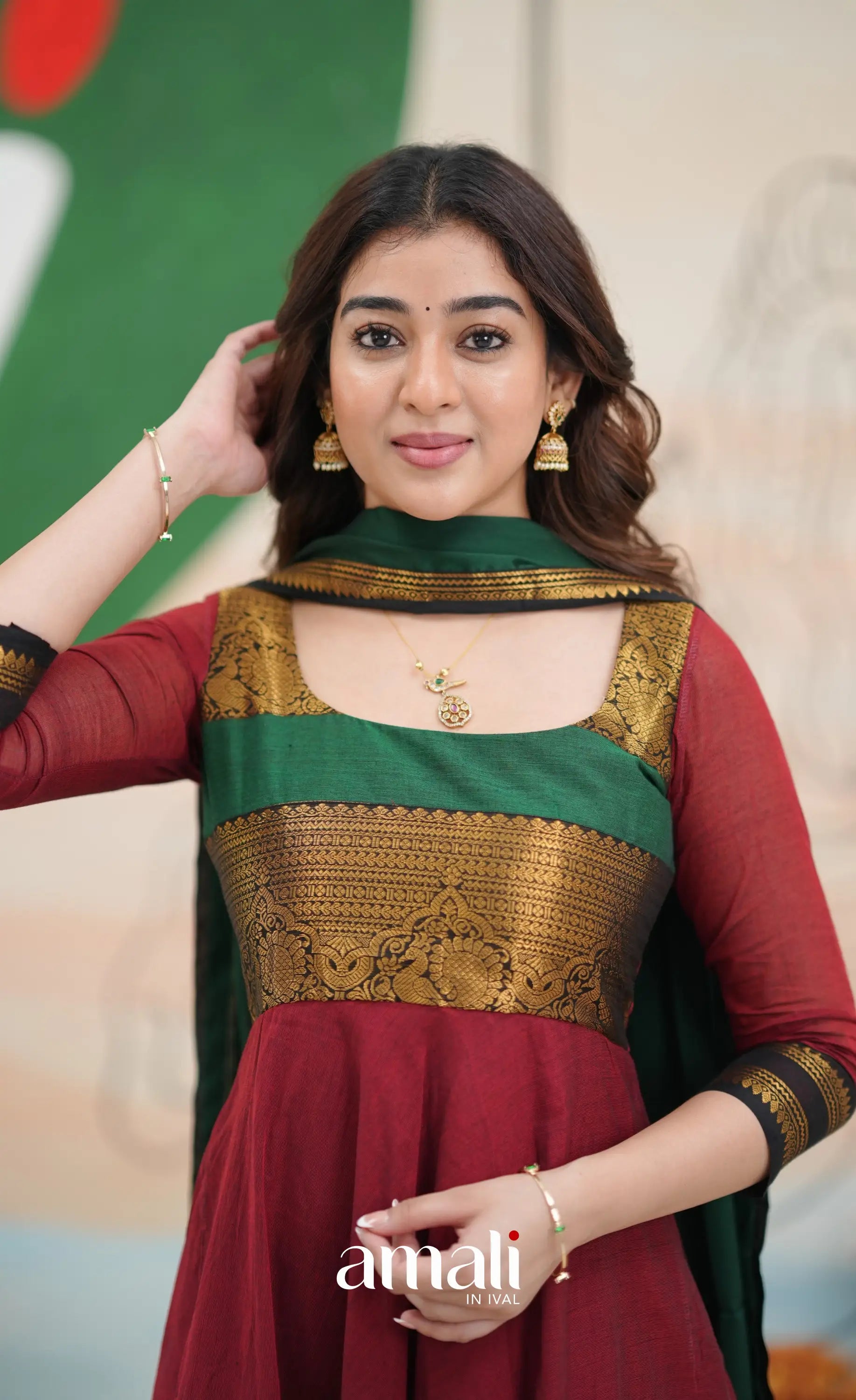 Reddish maroon and Bottle green Chettinad Cotton Anarkali - Anarkalis