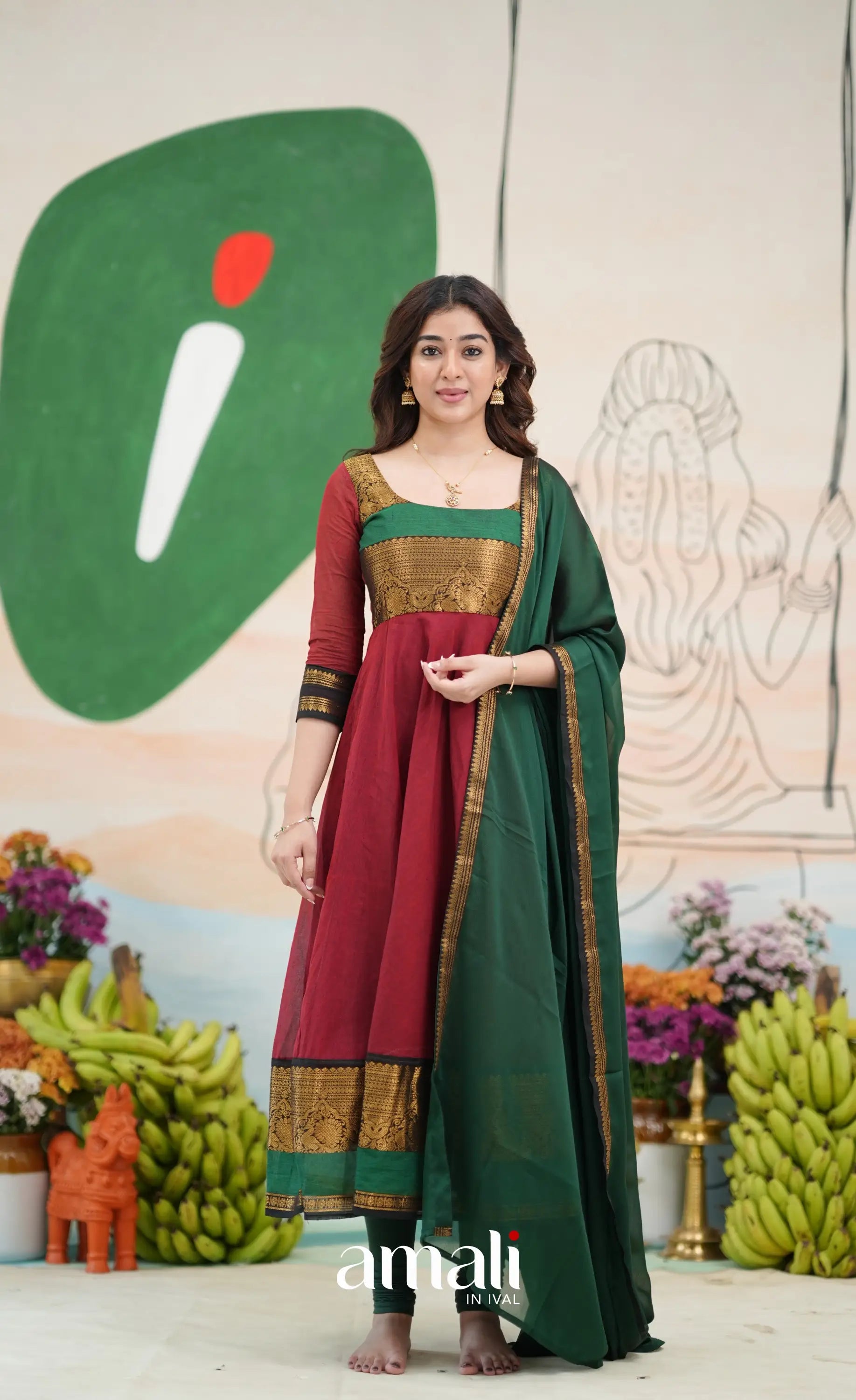 Reddish maroon and Bottle green Chettinad Cotton Anarkali - Anarkalis