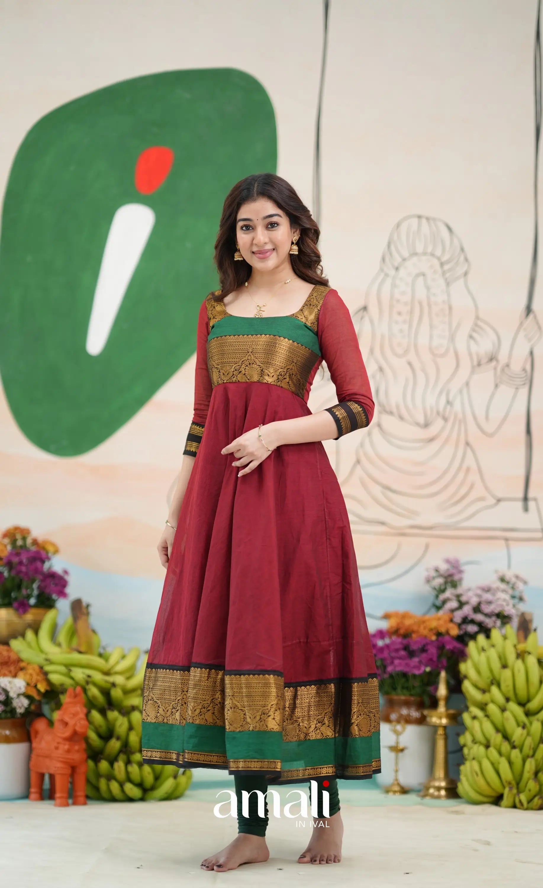 maroon and green dress Green color hand embroidered long dress with belt and Maroon dupatta
