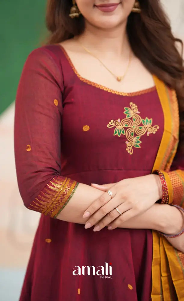 Reddish maroon and Mustard yellow Narayanpet Cotton Anarkali - Anarkalis