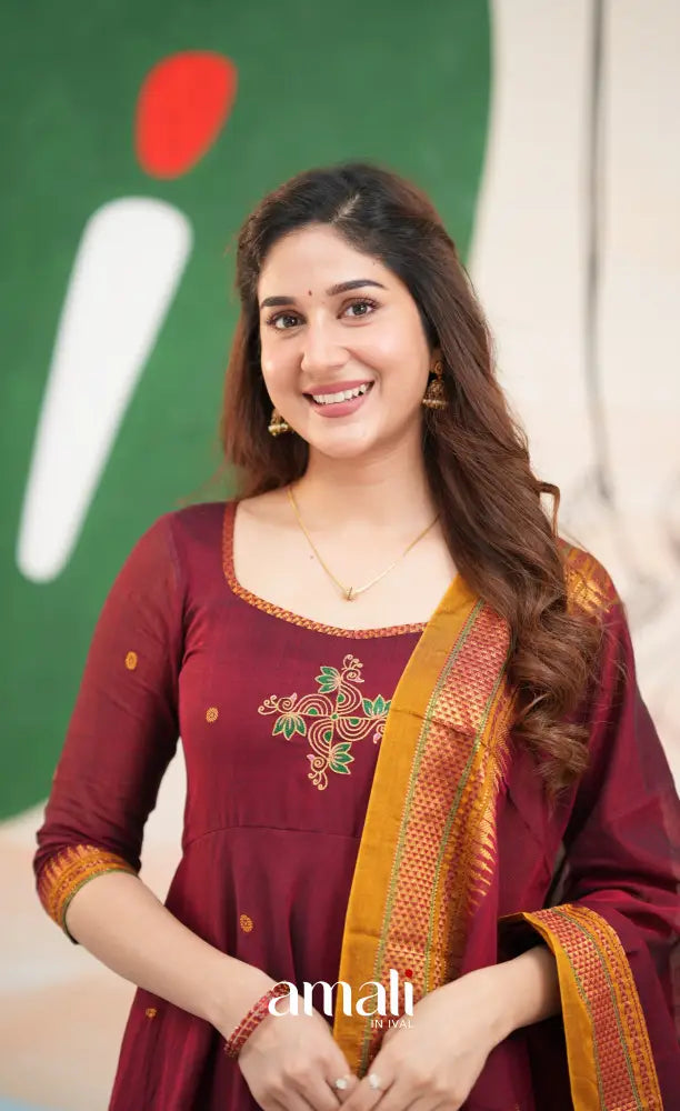 Reddish maroon and Mustard yellow Narayanpet Cotton Anarkali - Anarkalis