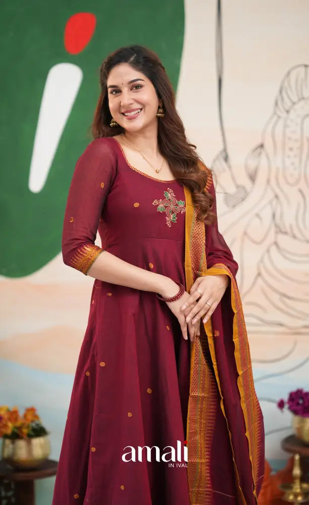 Reddish maroon and Mustard yellow Narayanpet Cotton Anarkali - Anarkalis