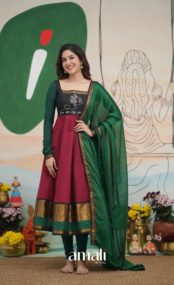Reddish maroon with Dark green Chettinad cotton Anarkali Anarkalis