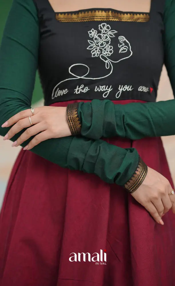 Reddish maroon with Dark green Chettinad cotton Anarkali Anarkalis