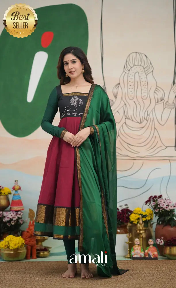 Reddish maroon with Dark green Chettinad cotton Anarkali Anarkalis