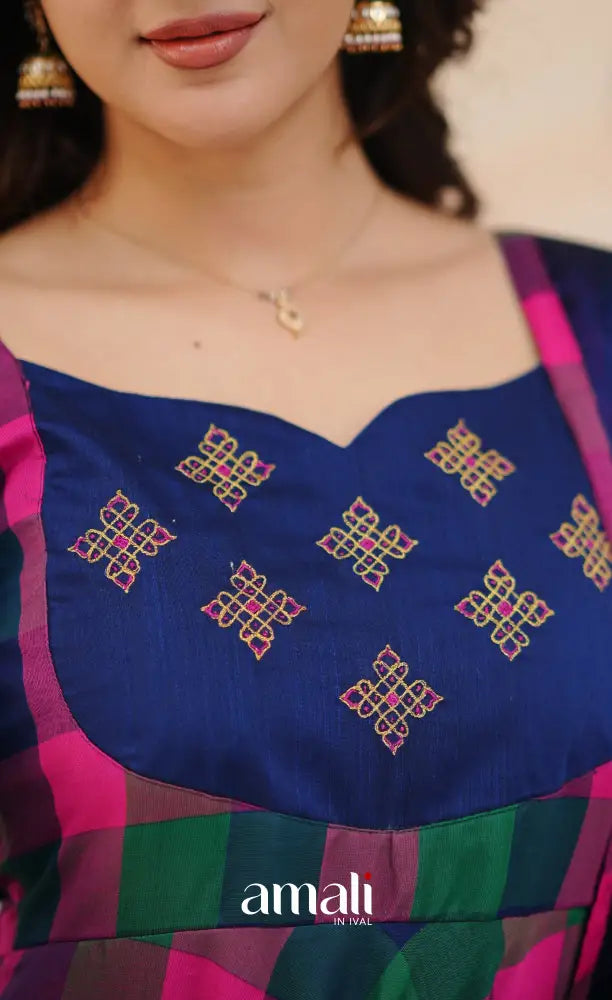 Royal Blue and Magenta Kandangi Checks Cotton Anarkali Anarkalis
