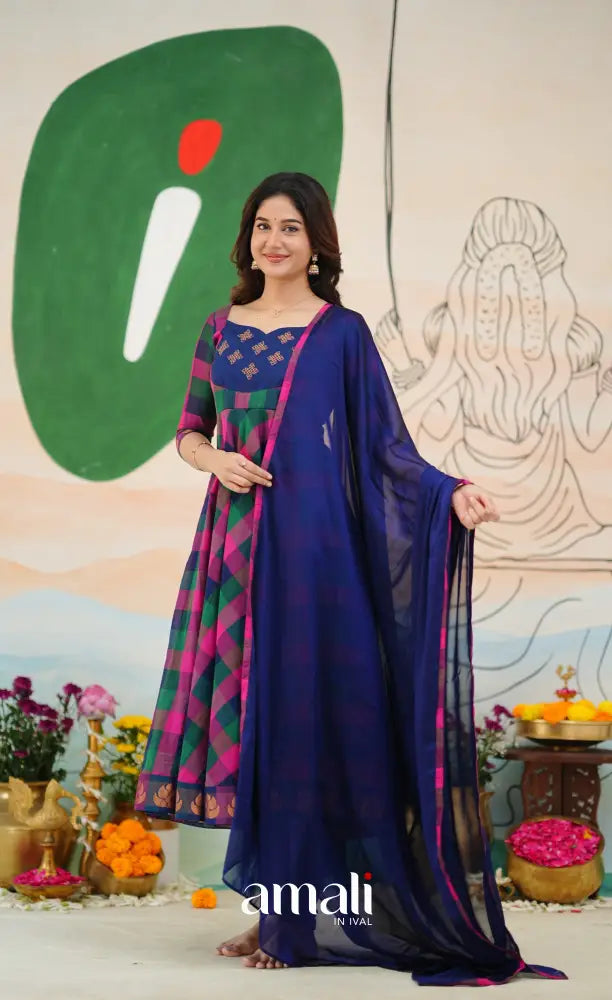 Royal Blue and Magenta Kandangi Checks Cotton Anarkali Anarkalis