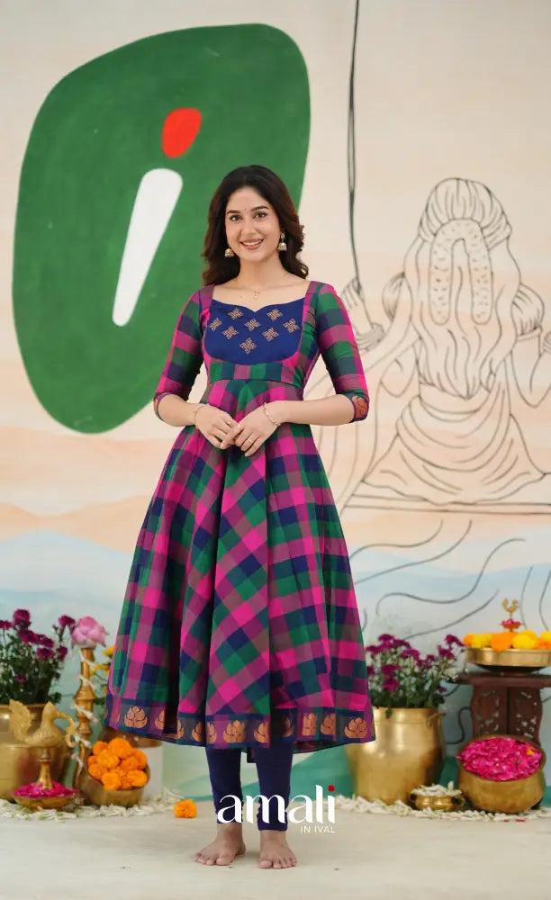 Royal Blue and Magenta Kandangi Checks Cotton Anarkali Anarkalis
