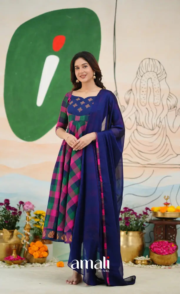 Royal Blue and Magenta Kandangi Checks Cotton Anarkali Anarkalis