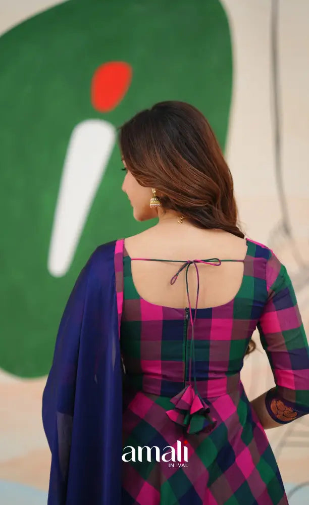 Royal Blue and Magenta Kandangi Checks Cotton Anarkali Anarkalis