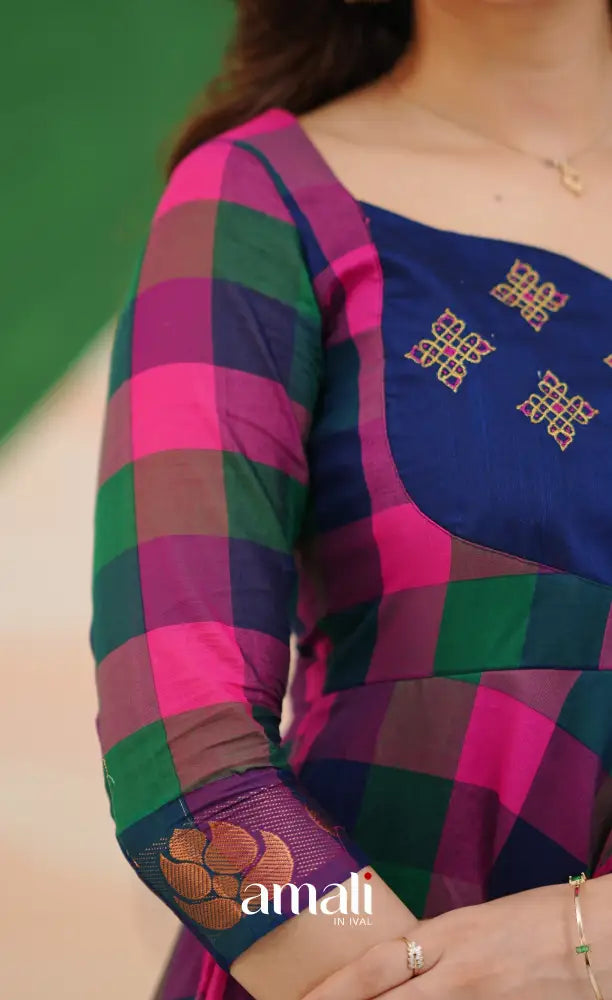 Royal Blue and Magenta Kandangi Checks Cotton Anarkali Anarkalis