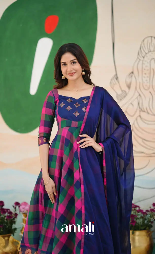 Royal Blue and Magenta Kandangi Checks Cotton Anarkali Anarkalis