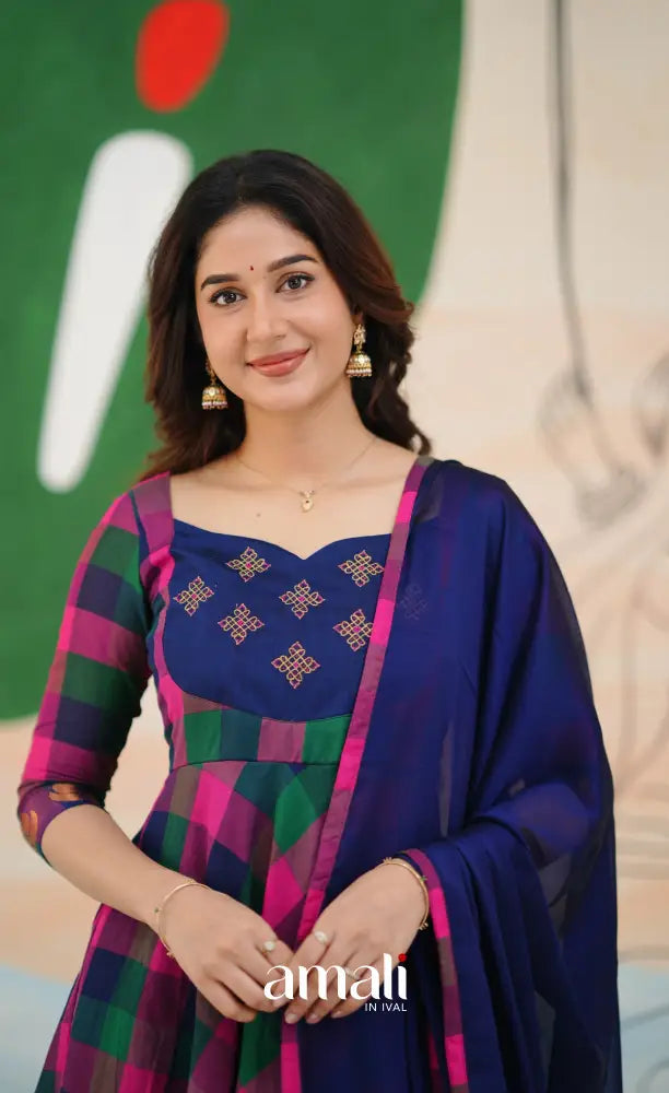 Royal Blue and Magenta Kandangi Checks Cotton Anarkali Anarkalis