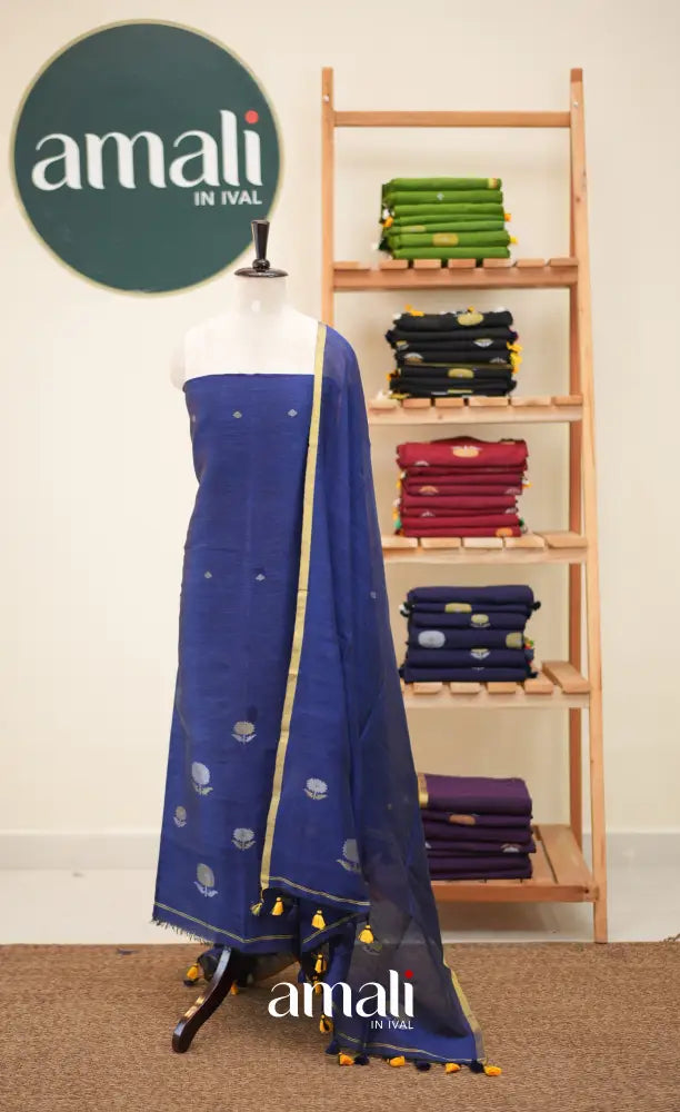 Royal Blue Handloom Linen Unstitched Salwar Set - salwar