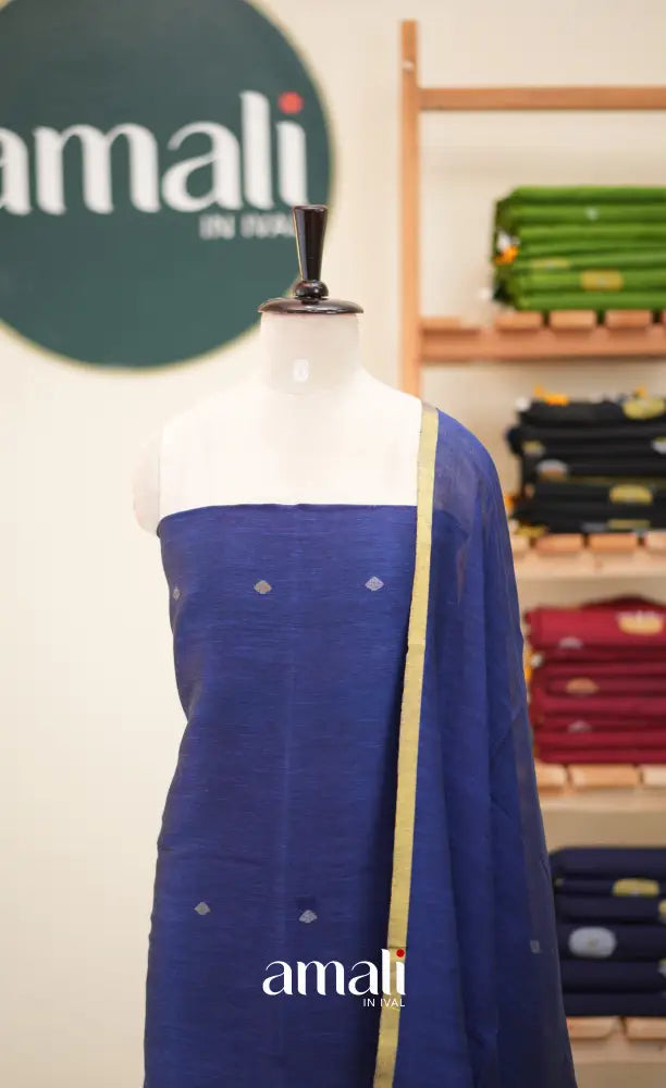 Royal Blue Handloom Linen Unstitched Salwar Set - salwar