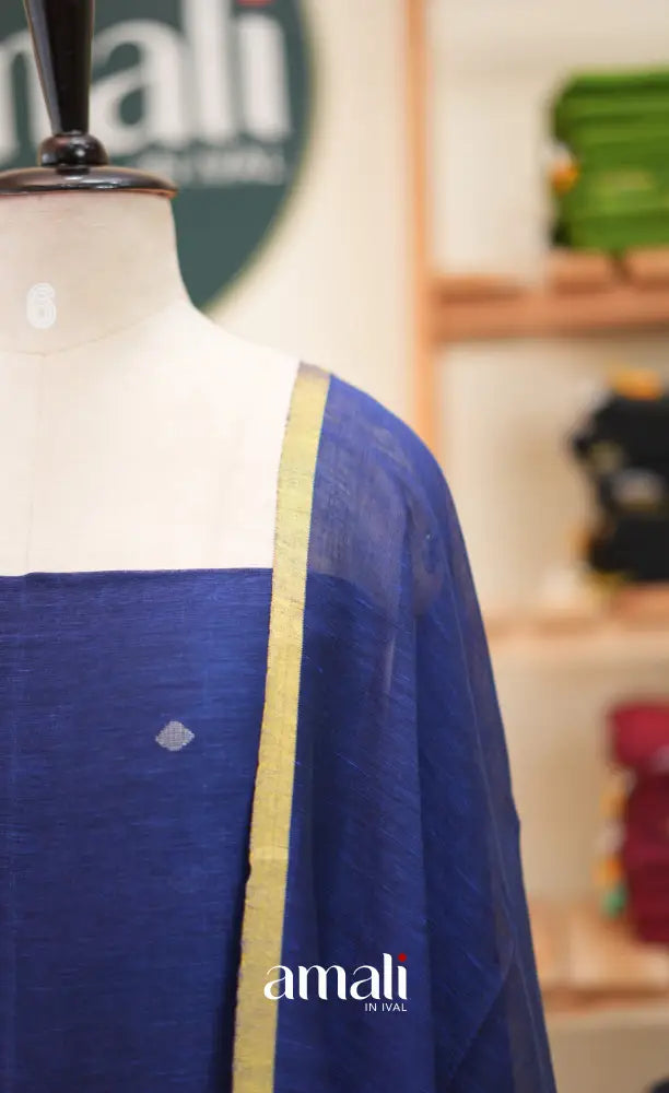 Royal Blue Handloom Linen Unstitched Salwar Set - salwar