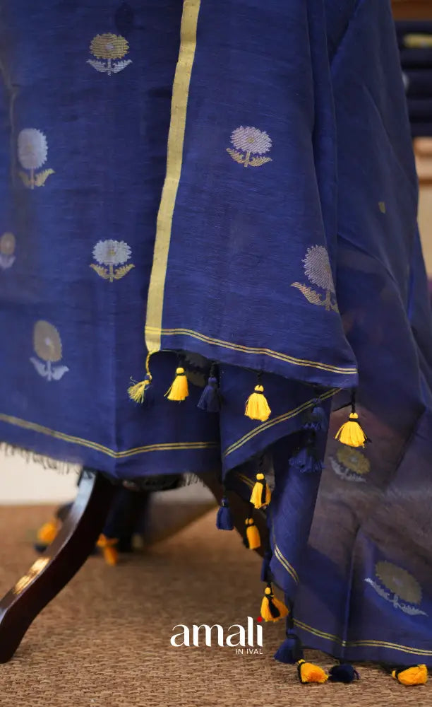 Royal Blue Handloom Linen Unstitched Salwar Set - salwar