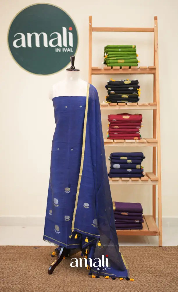 Royal Blue Handloom Linen Unstitched Salwar Set - salwar