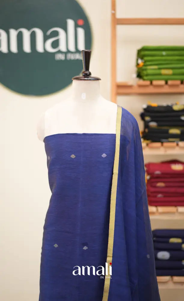 Royal Blue Handloom Linen Unstitched Salwar Set - salwar