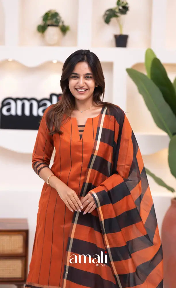 Rust Orange and Black Viscose Chanderi Salwar Set - salwar